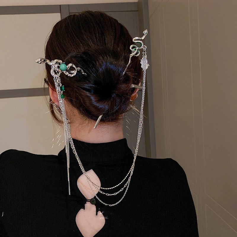 Hair Fork Stick - レトロヘビヘアピンヘアスティック女性ファッション麻ひもワープ金属ロングタッセルチェーンヘアピン中国風の帽子ヘアジュエリー
