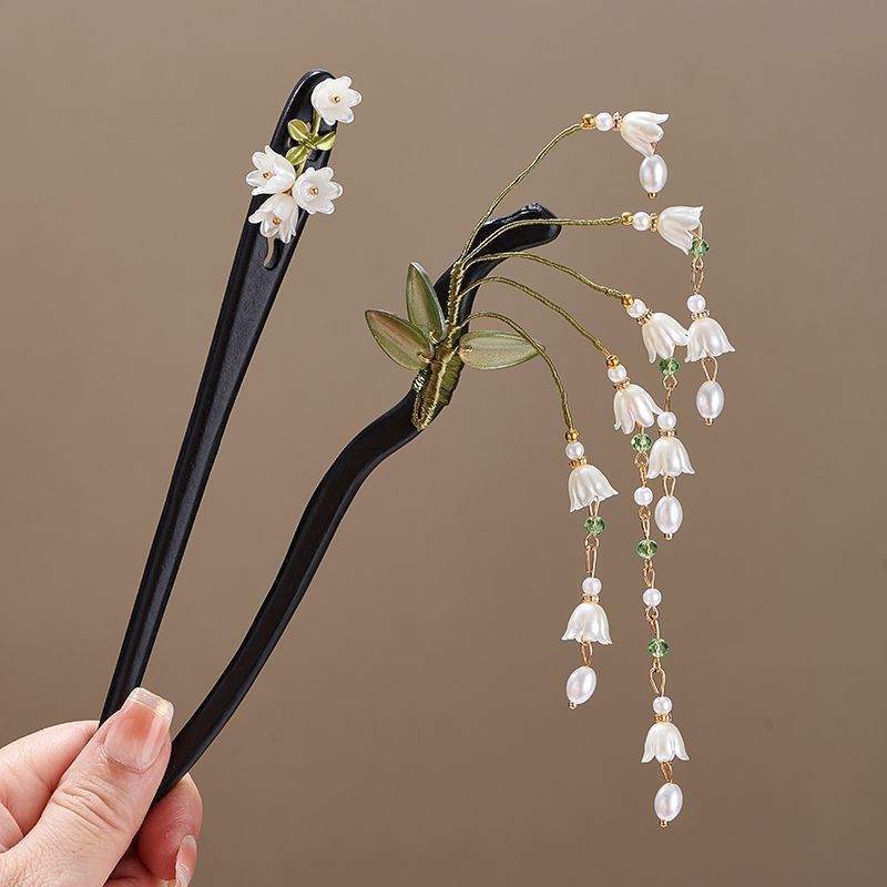 Hair Fork Stick - スズランの花の葉模造パールロングフリンジアクリルヘアスティック女性用ヴィンテージヘアピンヘアアクセサリー