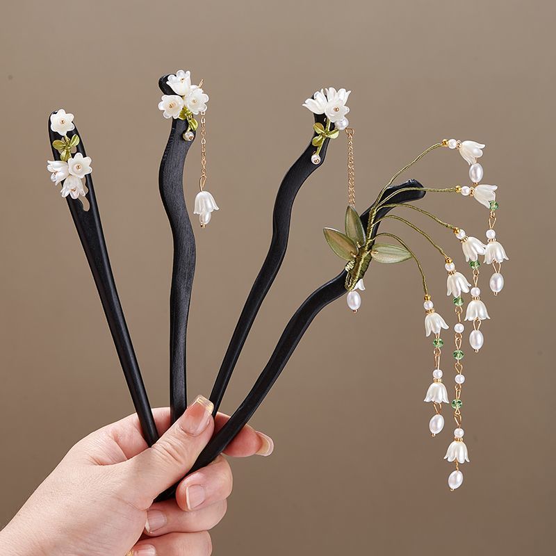 Hair Fork Stick - 木製フラワーヘアピンヴィンテージ Convallaria Majalis ロングタッセルヘアスティック女性のためのエレガントな髪飾りピンジュエリーヘアアクセサリー