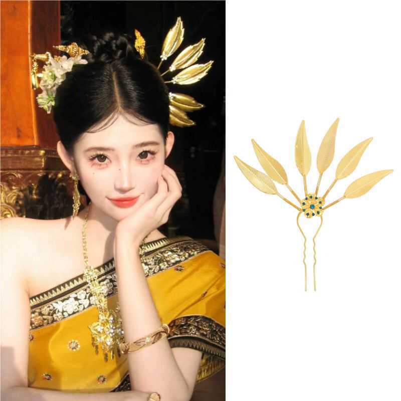 Hair Fork Stick - 宮殿スタイルのヘアヘアピンヴィンテージタイエスニックスタイルのヘアヘアクリップ葉がクリスタルでちりばめられています
