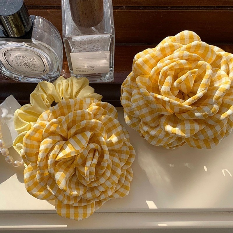 Women'S Yellow Accessories - 女性のヘア爪クリップ市松模様のイエローローズ絶妙なグラブクリップヘアグラブハイエンド韓国ヘアアクセサリーフラワーヘッドアクセサリー