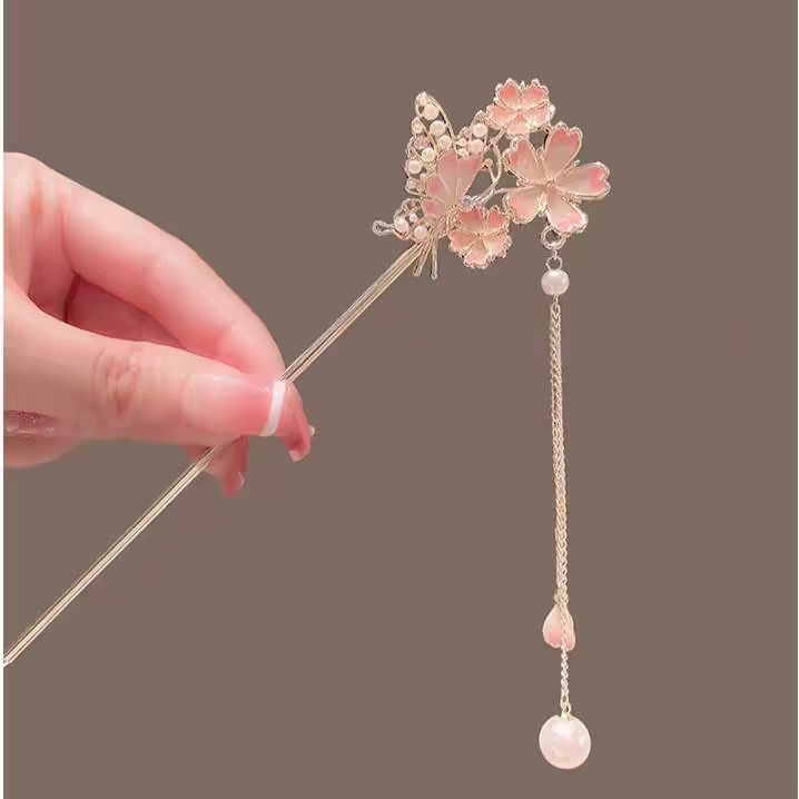 Hair Fork Stick - 高級感のある桜のヘアピン、漢服のヘアピン、タッセルヘアピン、旗袍のヘアピン、可愛くて多用途です。