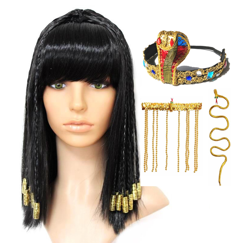 Women Accessories Egypt - クレオパトラウィッグ女性エジプト女王黒髪ゴールドビーズクレオパトラアクセサリーヘッドピースダンスハロウィンパーティーロールプレイコスプレウィッグ