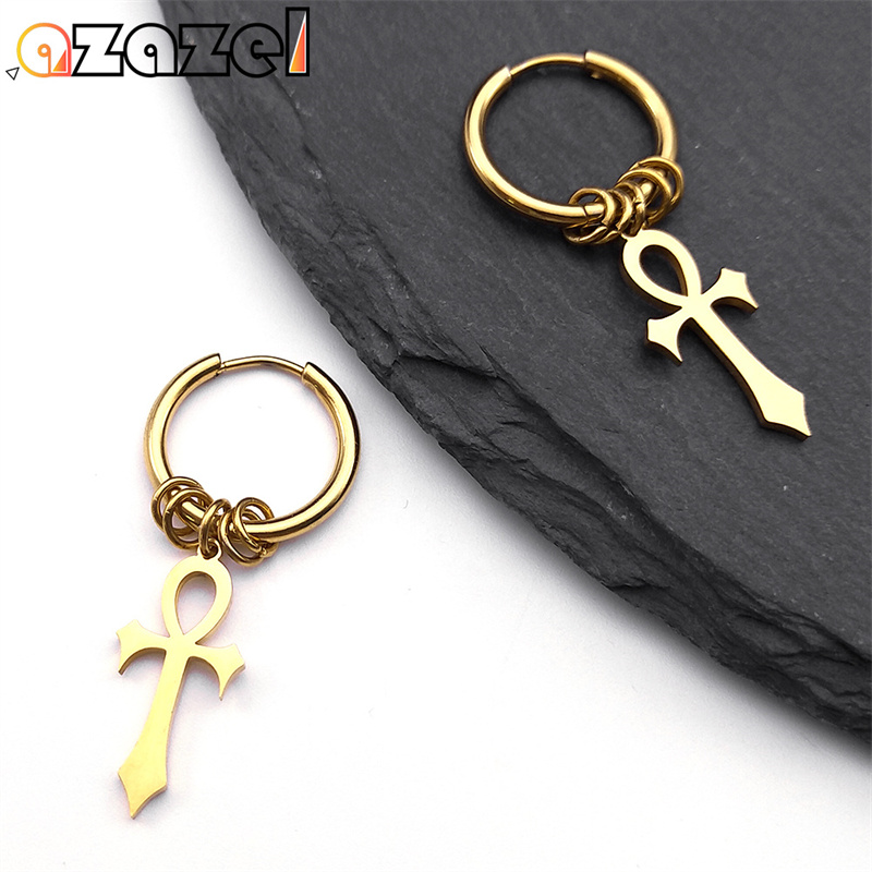 Women Accessories Egypt - 女性のためのエジプトの十字架のお守りイヤリング,e1714s08,e1714s08,クロスフープ,ハンギングイヤリング,ステンレス鋼,ゴールドカラー