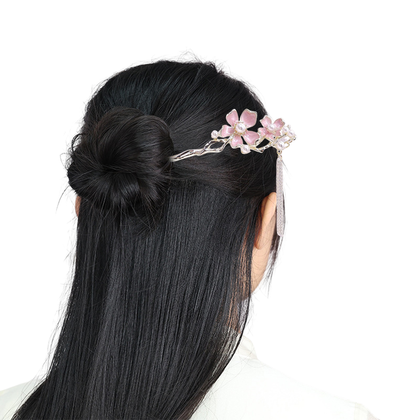 ピンクの花柄タッセルヘアスティック 中国漢服に合うヘアアクセ - Hair Fork Stick のレビューと価格