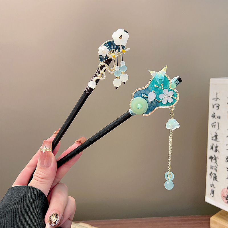 クラシックタッセルヘアスティック黒木製フラワーパールヘアピン - Hair Fork Stick のレビューと価格