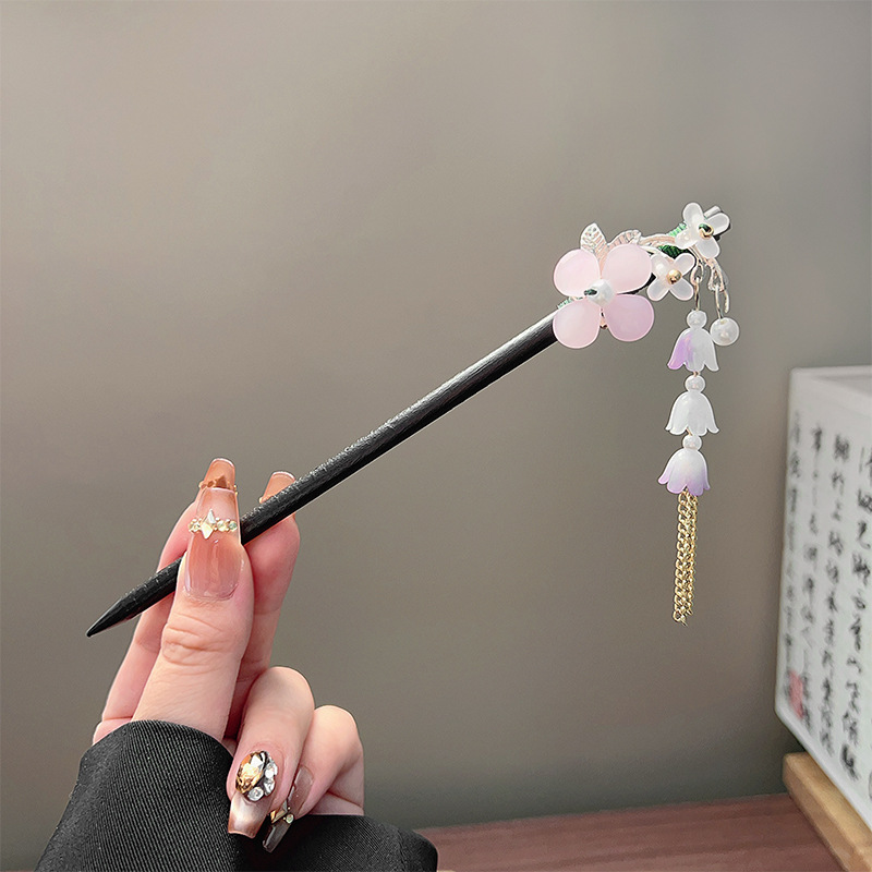 クラシックタッセルヘアスティック黒木製フラワーパールヘアピン - Hair Fork Stick のレビューと価格