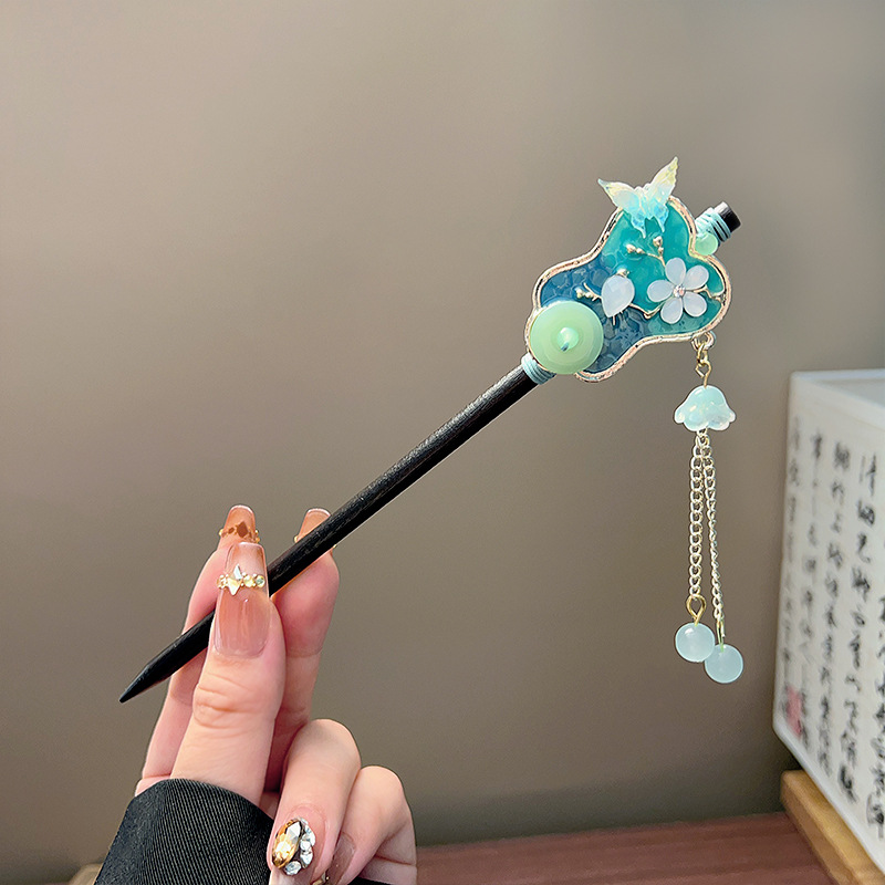 クラシックタッセルヘアスティック黒木製フラワーパールヘアピン - Hair Fork Stick のレビューと価格